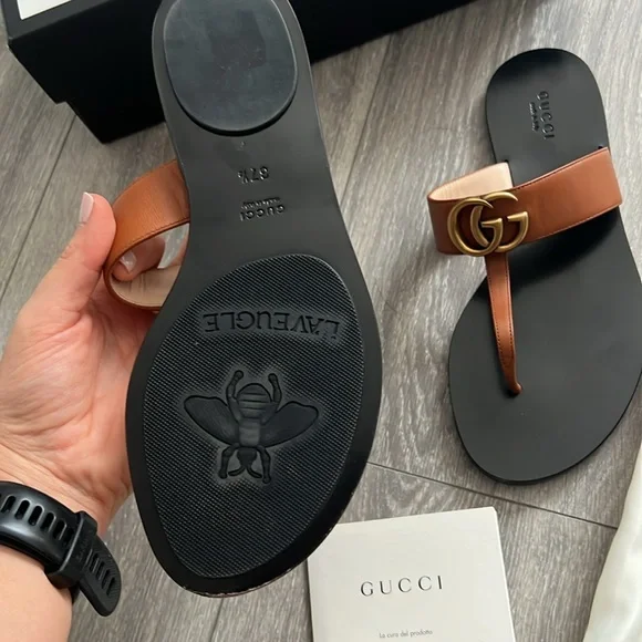 Authentic Gucci Brown and Black Sandals with Signature GG Logo. Size 37.5/7.5 - Picture 3 of 8